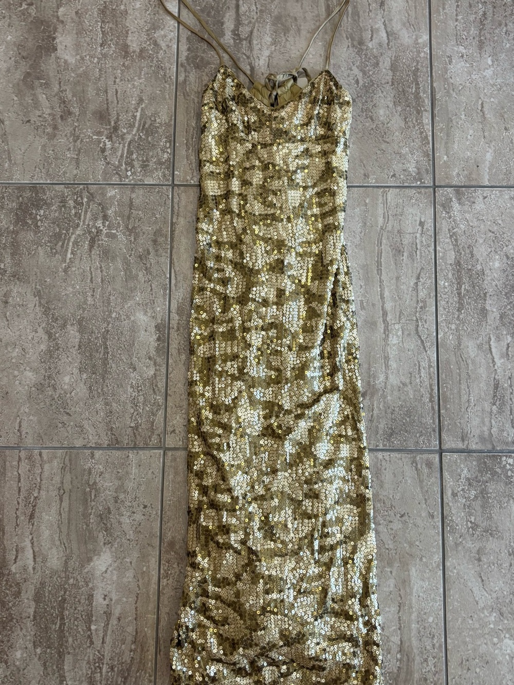 Anthropology Gold sequin slip maxi dress with tie back detail